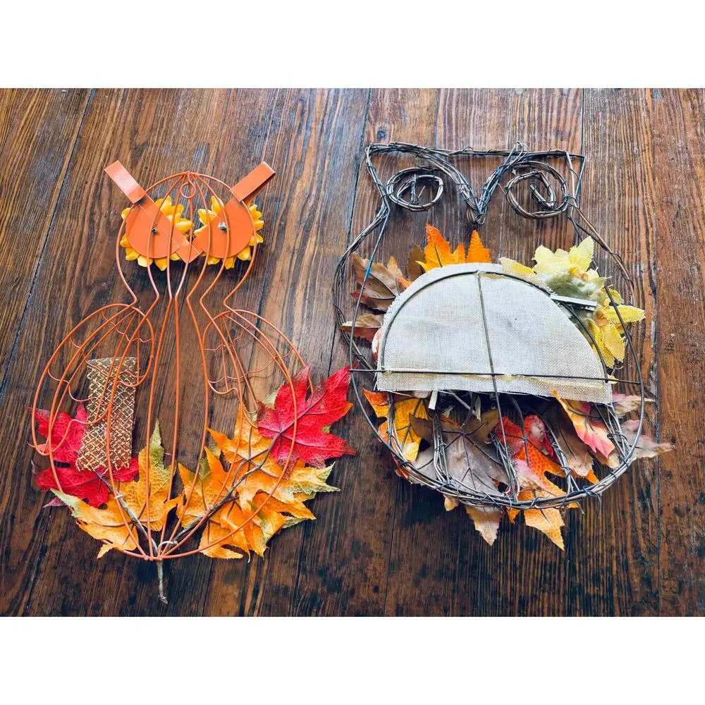 (2) Fall Autumn Harvest decorative owl-shaped wreaths